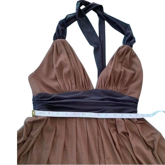 London Style Brown Black Halter Neck Ruched Waist Pleated Midi Dress Size 8 - Picture 4 of 7